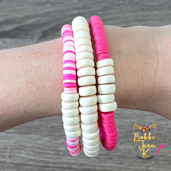Heishi Stretch Bracelet Stack- Set of 3- Pink Multi/Pink/Off-White picture