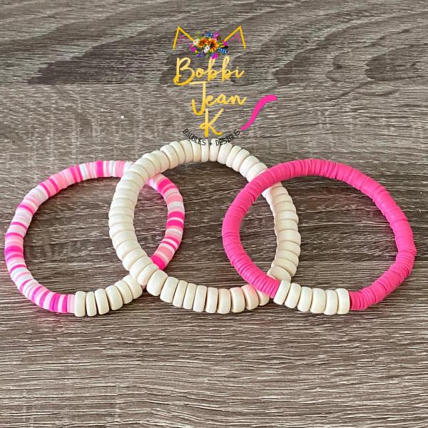 Heishi Stretch Bracelet Stack- Set of 3- Pink Multi/Pink/Off-White picture