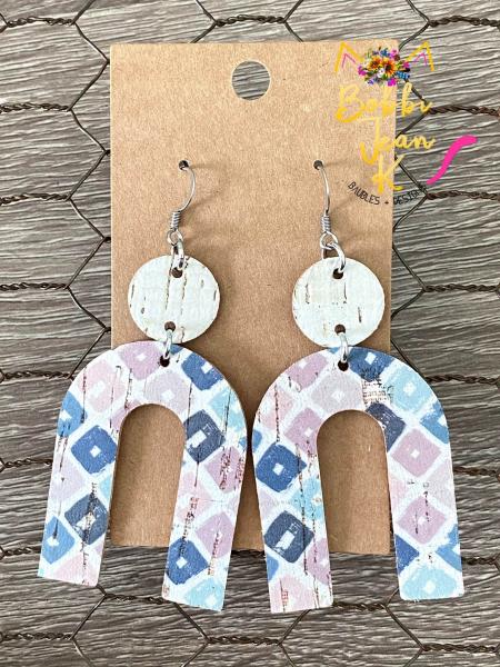 Pastel Squares Cork on Leather Earrings- Arch Shape picture