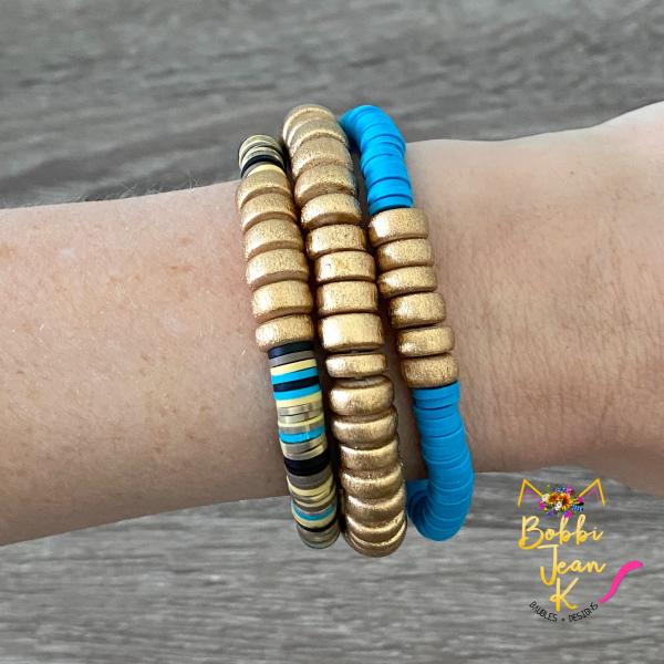 Heishi Stretch Bracelet Stack- Set of 3- Multi/Bright Blue/Gold picture