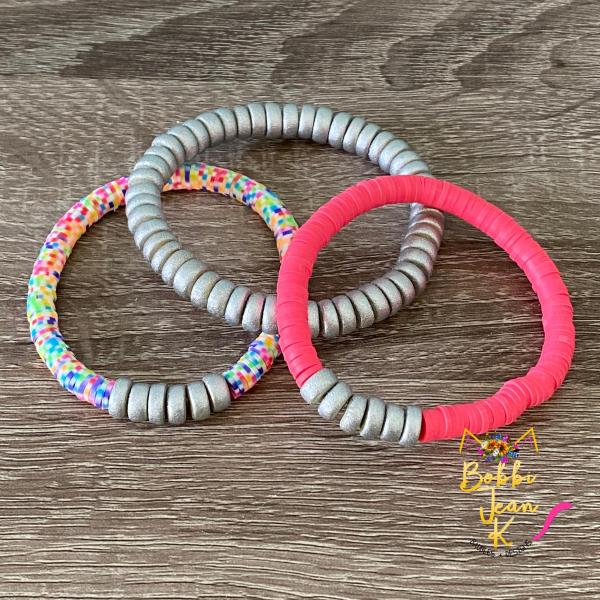 Heishi Stretch Bracelet Stack- Set of 3- Multi/Pink/Silver picture