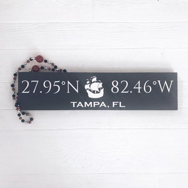 Tampa (Gasparilla) Coordinates Handcrafted Wooden Sign | Pirate Ship | Stone