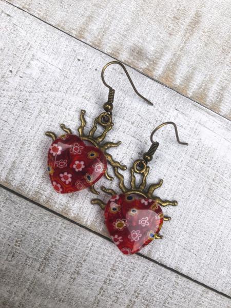 Red millifiore heart earrings picture