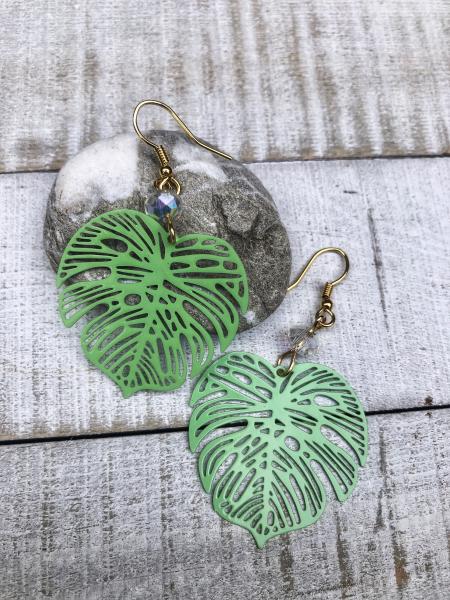 Green monstera leaf earrings picture