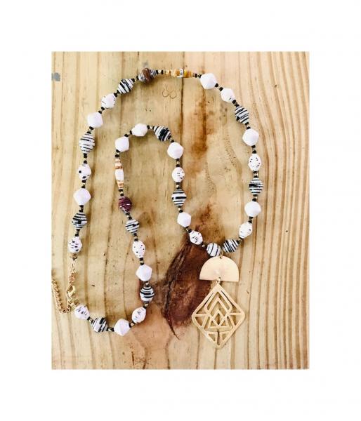 Dramatic Black and White African Recycled Paper Beads with Unique Brass Pendant