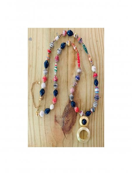 African Recycled Paper Beads with Brass Pendant