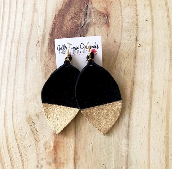 Genuine Leather Earrings with Gold Leaf Accent