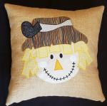 Appliqued Decorative Fall Scarecrow Burlap Pillow - 18" x 18" Pillow Insert Included