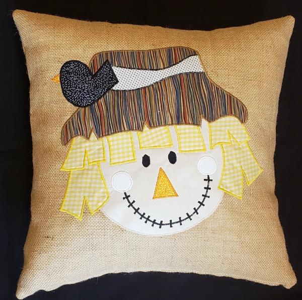 Appliqued Decorative Fall Scarecrow Burlap Pillow - 18" x 18" Pillow Insert Included picture