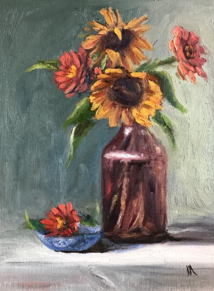 Sunflowers and Zinnias 12”x9” oil on panel picture