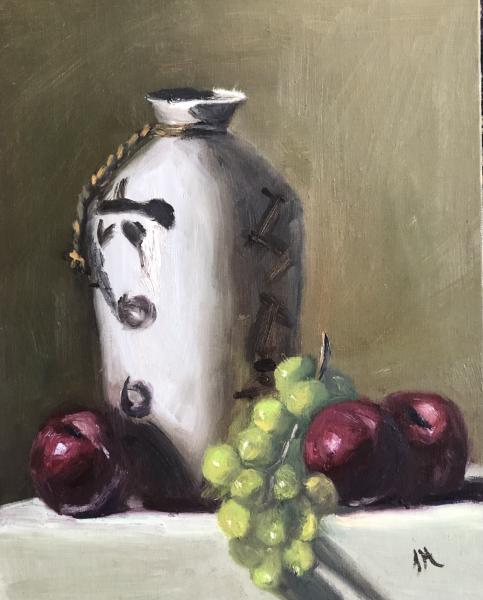 Plums and Grapes with Sake Jug 8”x10” oil on panel picture