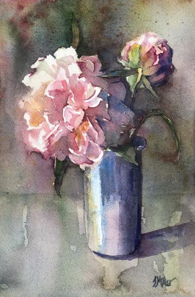 Peonies in Silver Cup 11”x7” watercolor