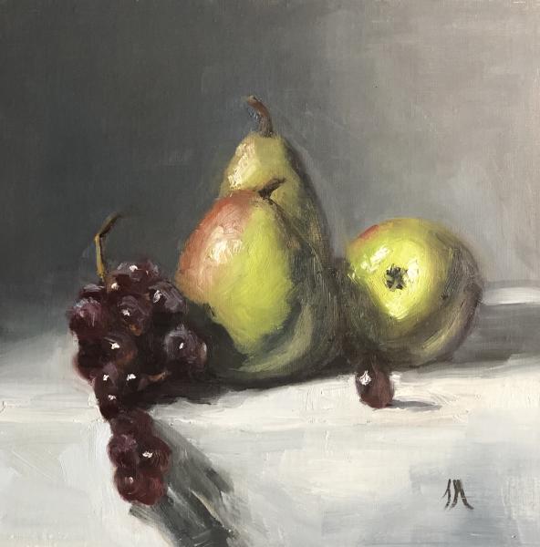 Black Grapes and Pears 10”x10” oil on panel