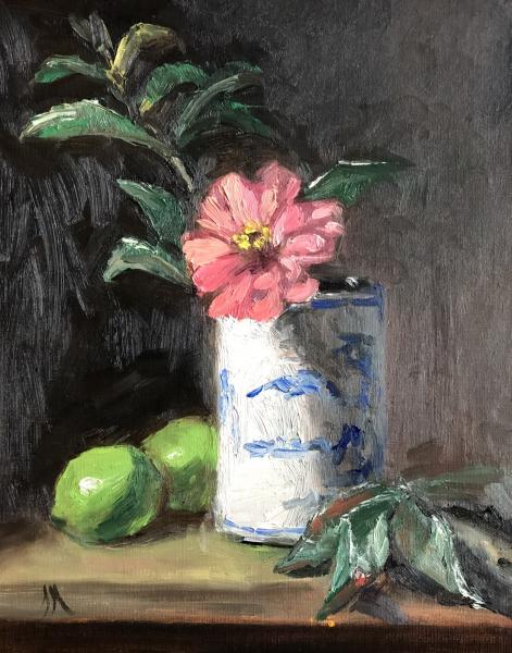 Zinnia with limes 10”x8” oil on panel