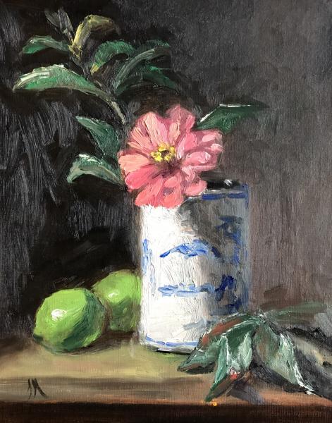 Zinnia with limes 10”x8” oil on panel picture