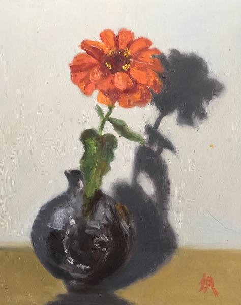 Zinnia in blue vase 10”x8” oil on panel