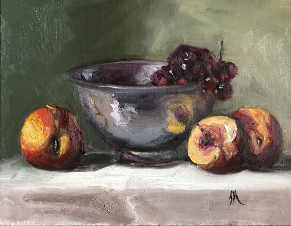 Grapes and peaches in silver bowl 8”x10” oil