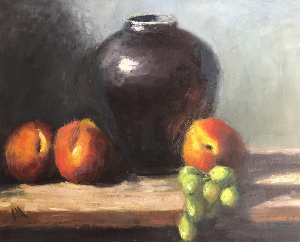 Black vase with peaches and grapes 10”x8” oil on panel