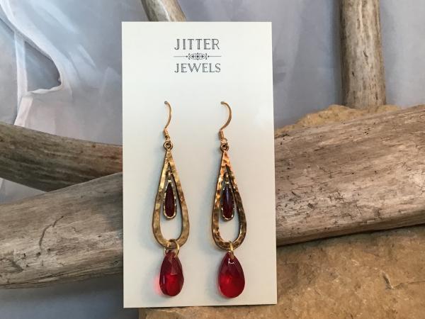 Earring, red crystal drops