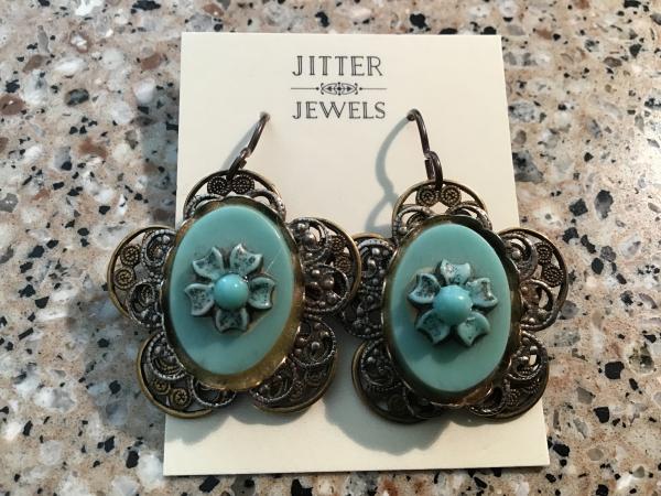 Earring repurposed vintage turquoise color flower picture