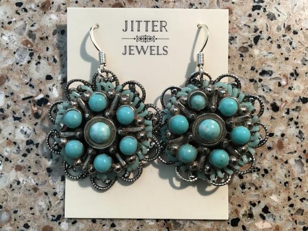 Earring repurposed vintage silver and turquoise color