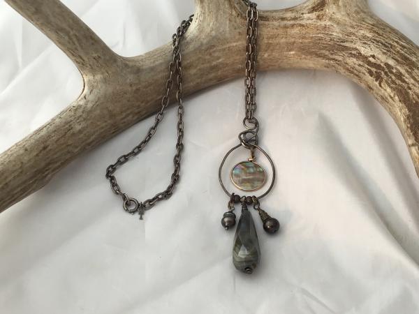 Necklace, Labradorite, Abalone, Blackened Sterling Silver, Vintage Chain picture