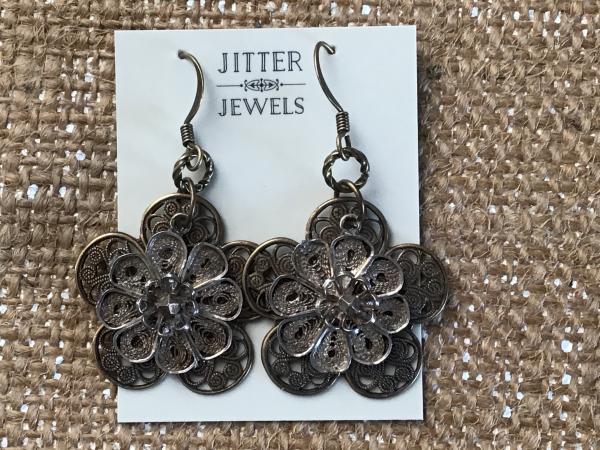 Earring Bronze & Silver Filagree Flower Vintage Repurposed picture