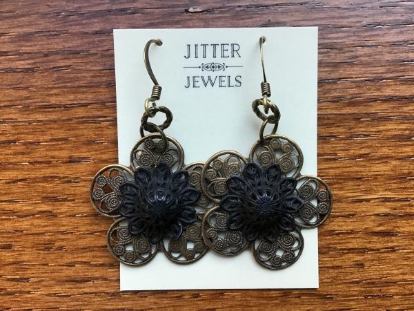 Earring Vintage repurposed black and bronze filagree flower picture