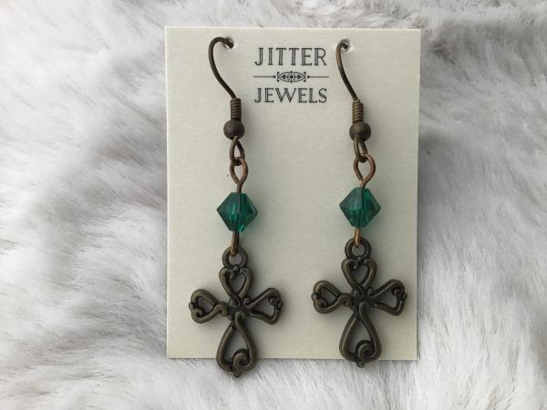 Earring Brass Cross, Birthstone Crystal picture