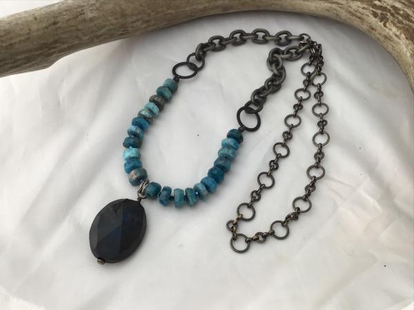 Necklace, blue Agate pendant, Apatite wafer beads