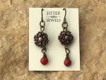 Earring, Vintage Hammerd Pewter Button and red drop