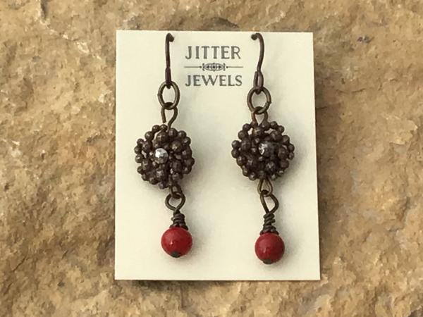 Earring, Vintage Hammerd Pewter Button and red drop picture
