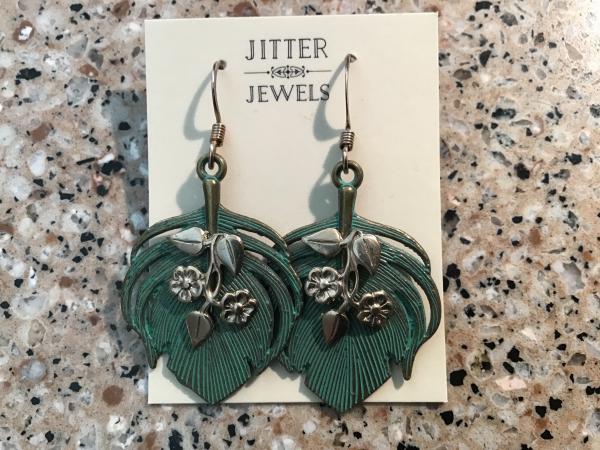 Earring repurposed vintage silver floral over turquoise enamel leaf