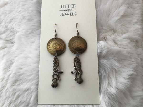 Earring vintage Brass coin And silver cross picture