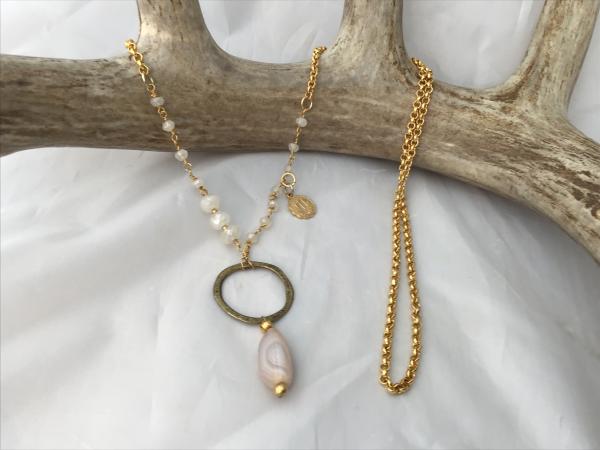 Necklace, Agate and Rose Quartz, gold chain Scorpio charm