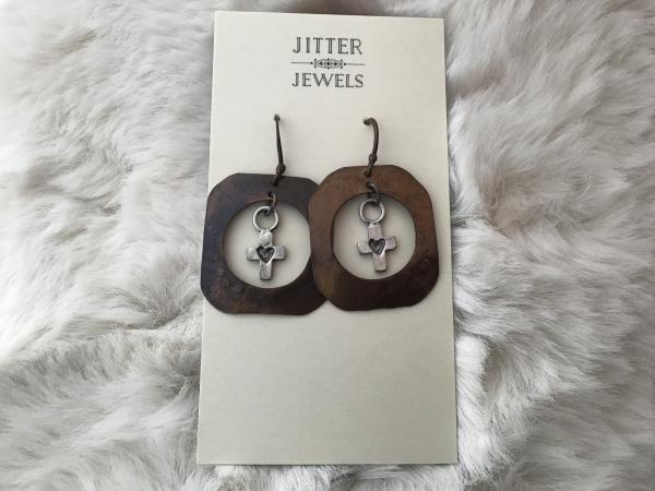 Earring vintage copper, pewter cross with heart picture