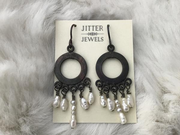 Earring, Blackened with Five white rice pearls