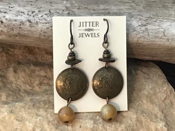 Earring, vintage brass coin , agate