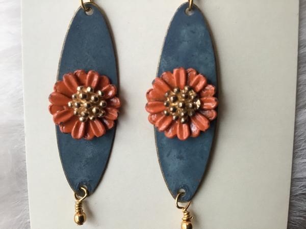 Earring Vintage blue enamel, orange flower picture