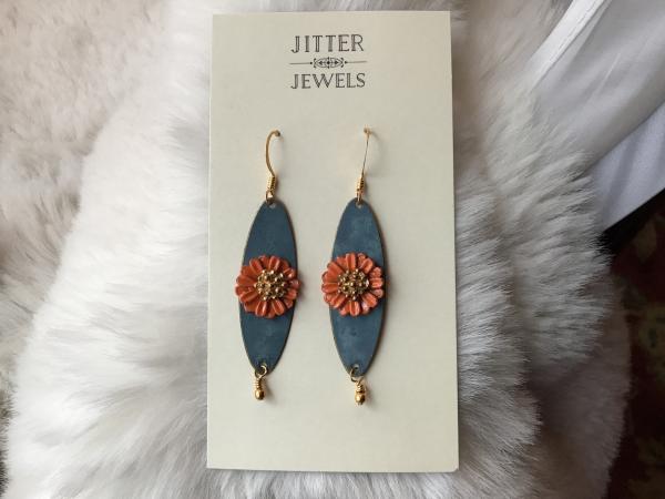 Earring Vintage blue enamel, orange flower