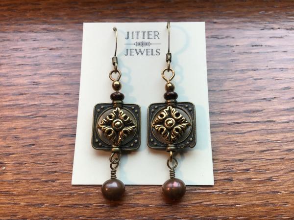 Earring, Antiqued Bronze, and Gold, Freshwater Pearl picture