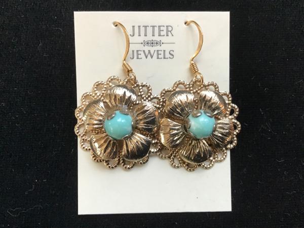 Earring repurposed vintage gold and turquoise flower picture