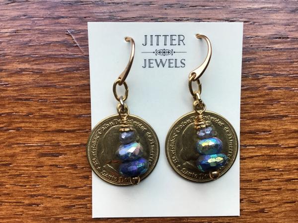 Earring repurposed vintage gold coin with blue stones