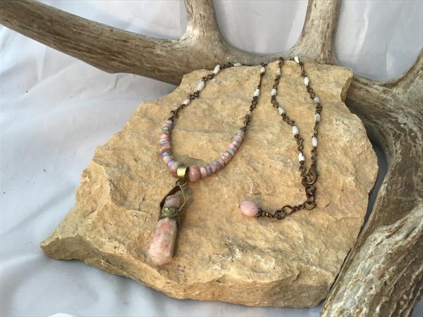 Necklace, Pink opal and Hexagonal Quartz Pendant