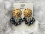 Earring Gold Ornate Post, Blue pearls and seeds