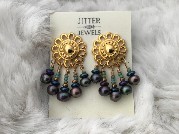 Earring Gold Ornate Post, Blue pearls and seeds