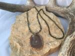 Necklace, Faceted 3mm jasper agate micro brads and Agate slice pendant