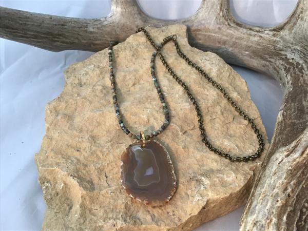 Necklace, Faceted 3mm jasper agate micro brads and Agate slice pendant picture