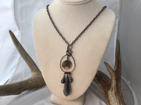 Necklace, Labradorite, Abalone, Blackened Sterling Silver, Vintage Chain picture