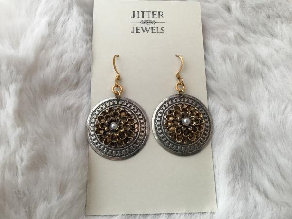 Earring vintage brass flower, silver disk picture